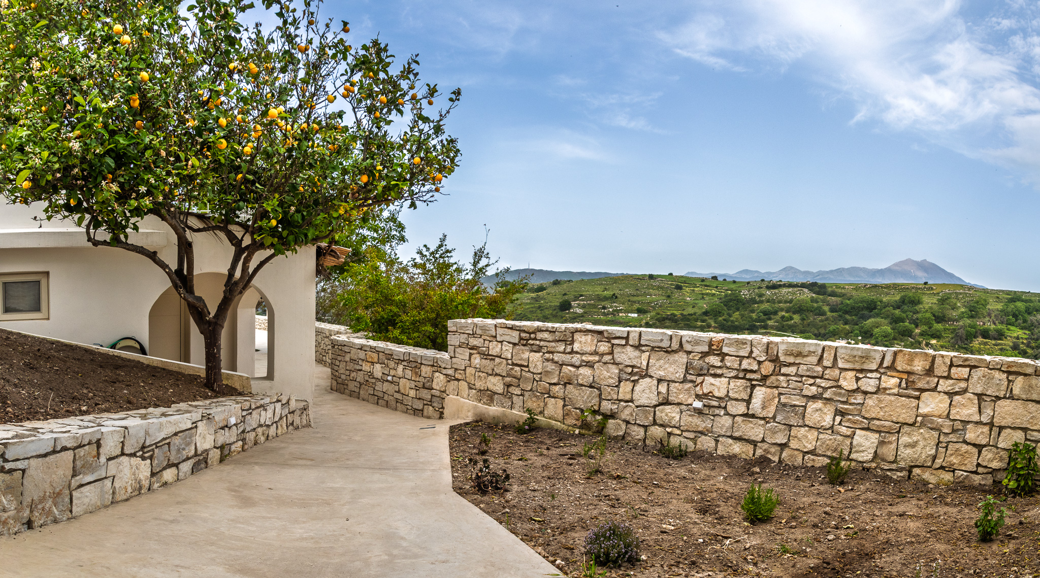 Whole-house exterior with pool, garden, terrace, and hillside
